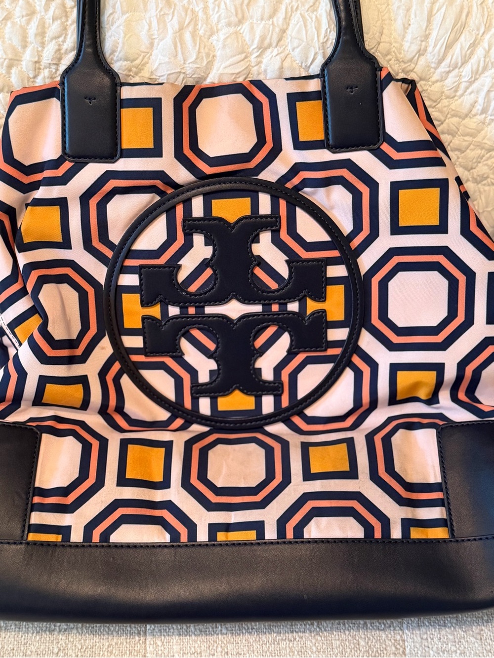 Tory Burch Ella Tote. Pink, Navy & Yellow Geometric Logo Tote